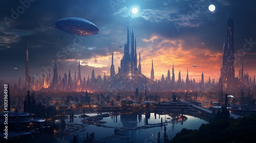 a futuristic city skyline, filled with skyscrapers, flying vehicles, and advanced technology (1)