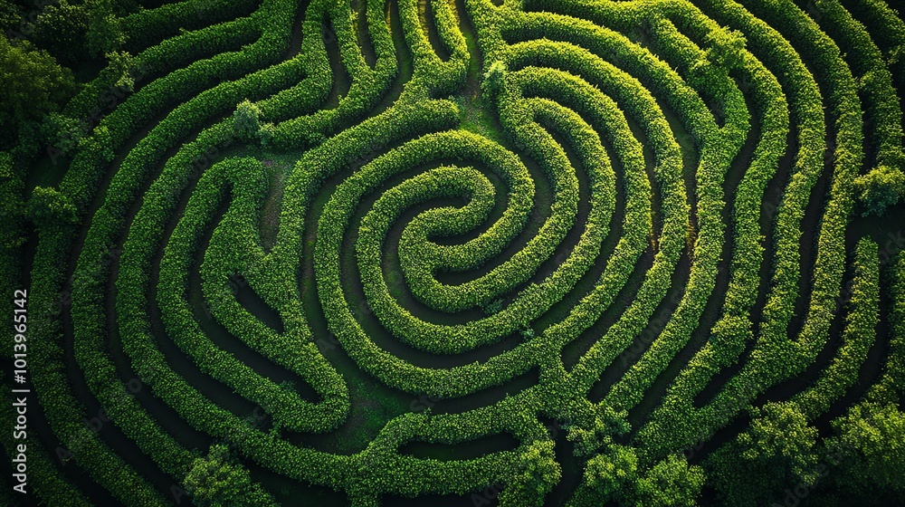 An aerial view of a lush green maze, intricately designed with spirals and pathways, surrounded by vibrant trees and foliage. An aerial view of a lush green maze, intricately designed with spirals and pathways, surrounded by vibrant trees and foliage.