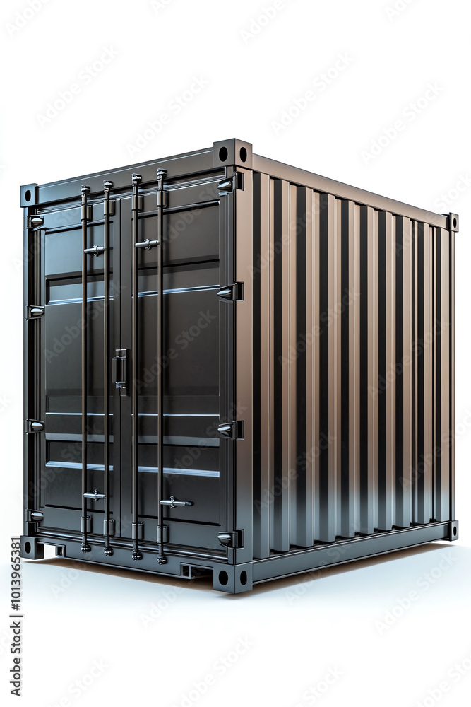 Black shipping container on white background, highlighting industrial design and storage solution in a modern context. Black shipping container on white background, highlighting industrial design and storage solution in a modern context.