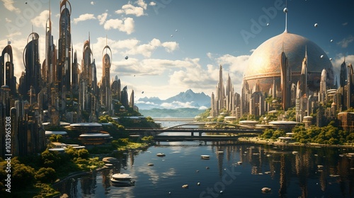 a futuristic city skyline, filled with skyscrapers, flying vehicles, and advanced technology (1)