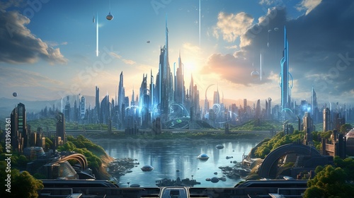 a futuristic city skyline, filled with skyscrapers, flying vehicles, and advanced technology (1)
