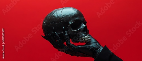 A mysterious black skull held by a gloved hand against a vivid red background. The image evokes themes of mystery and the macabre.