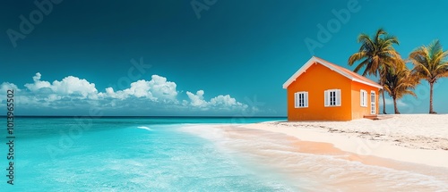 A vibrant orange beach house surrounded by palm trees, overlooking a serene turquoise ocean under a clear blue sky.
