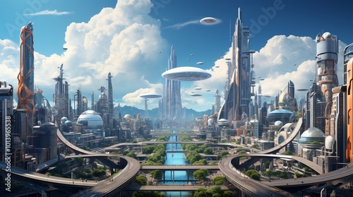 a futuristic city skyline, filled with skyscrapers, flying vehicles, and advanced technology (1)
