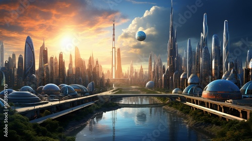 a futuristic city skyline, filled with skyscrapers, flying vehicles, and advanced technology (1)