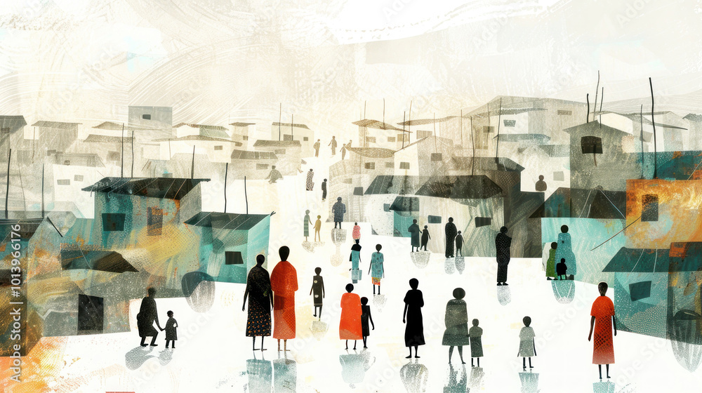 Obraz premium A visual of communities in emerging markets experiencing sadness due to socio-economic challenges, and finding ways to cope.
