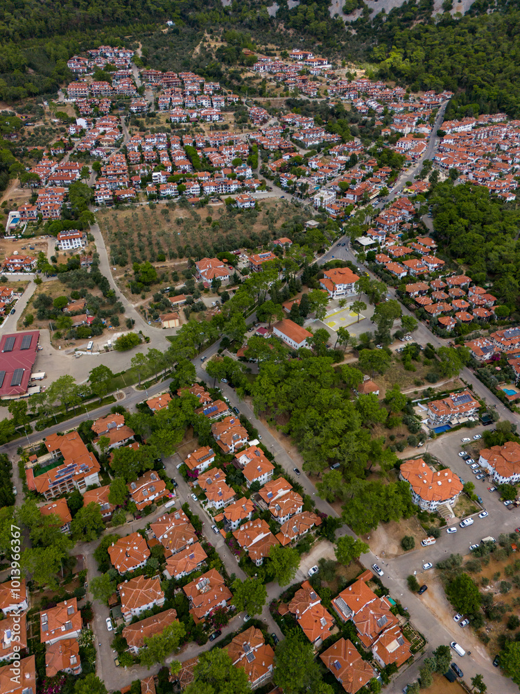 Fototapeta premium Akyaka District in Ula, Mugla, Turkey. Aerial view of Akyaka. Akyaka is situated at the Gulf of Gokova. Beautiful Beach and Coast View.