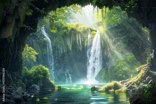 Sunlit tropical waterfall cascading into crystal-clear pool 