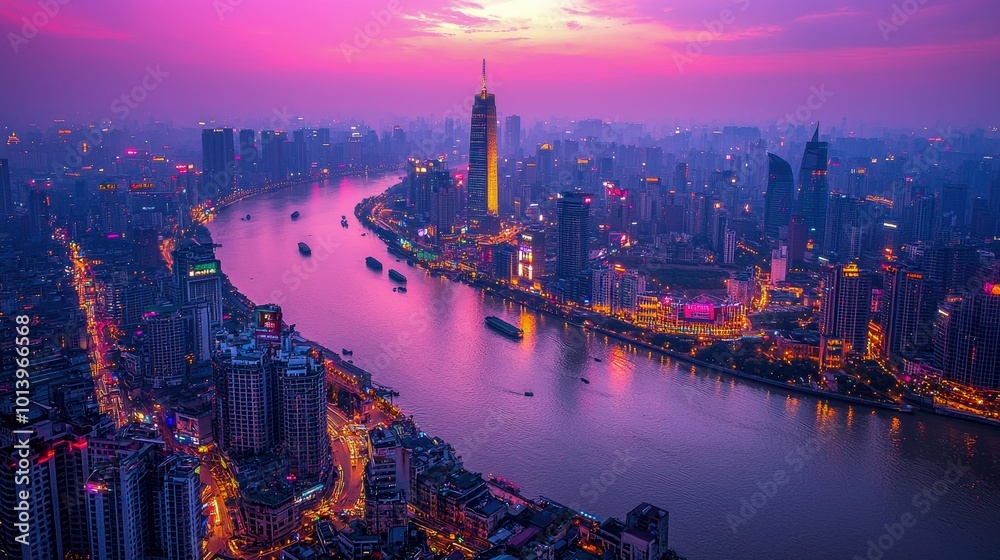 Obraz premium Stunning skyline view during twilight, showcasing vibrant city lights and a river winding through urban landscapes.