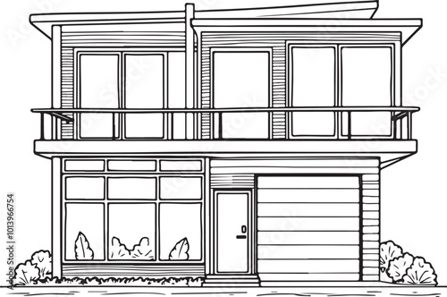 a black and white line drawing of a modern building. The building appears to be a two-story structure with a flat roof and large windows on the second floor