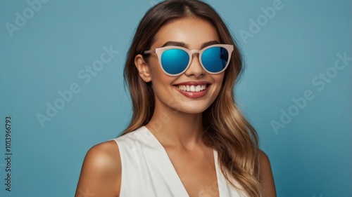 Beautiful woman wearing sunglasses smiling on blue background