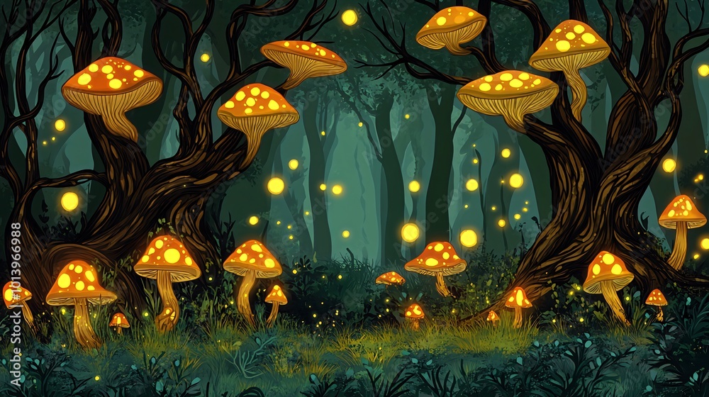 Fototapeta premium Enchanting forest scene with glowing mushrooms and fireflies.