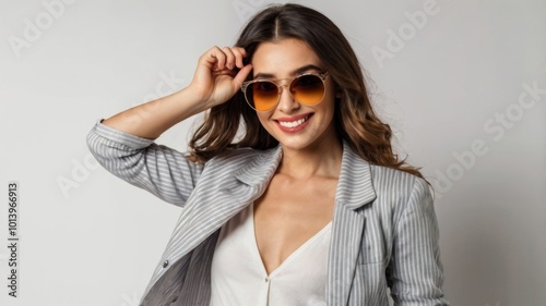 Young businesswoman smiling and adjusting sunglasses on white background