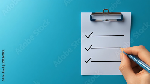 Hand checking items on a clipboard with a blue background, ideal for productivity, planning, and organization themes.