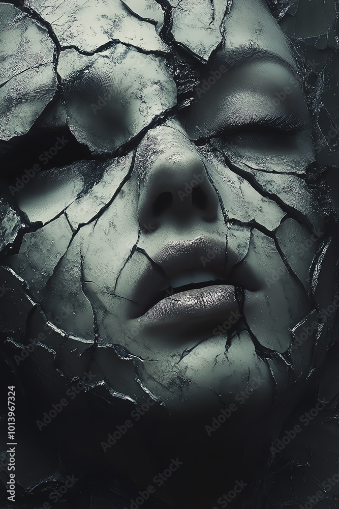 Close-up of a cracked, artistic sculpture of a human face, evoking emotions of decay, mystery, and surreal surrealism. Close-up of a cracked, artistic sculpture of a human face, evoking emotions of decay, mystery, and surreal surrealism.