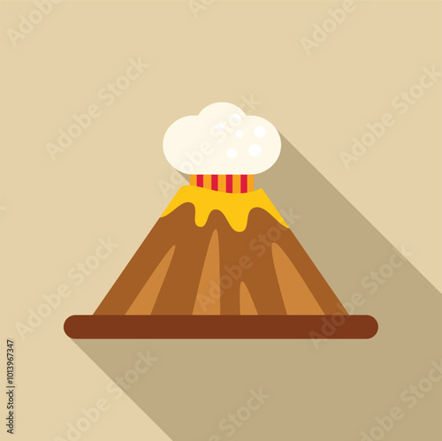 Big brown volcano erupting with lava and smoke, a natural disaster in flat design with long shadow on a beige background