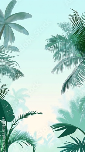 Lush green palm trees frame a sunny sky.