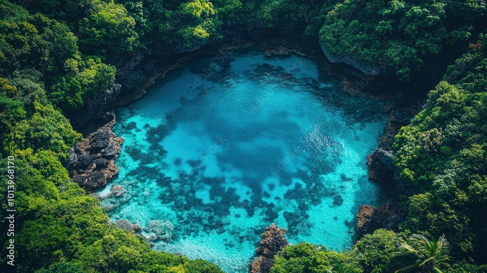 Aerial View of a Hidden Lagoon Surrounded by Lush Green Foliage Aerial View of a Hidden Lagoon Surrounded by Lush Green Foliage