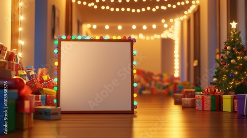 A blank poster framed with colorful Christmas lights in a community center hallway, surrounded by gifts for a toy drive, ideal for holiday charity event mockups.