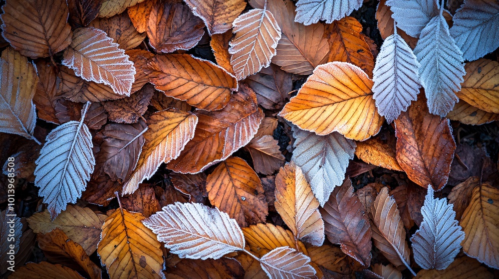 A close-up of frost-covered autumn leaves on the ground. A close-up of frost-covered autumn leaves on the ground.