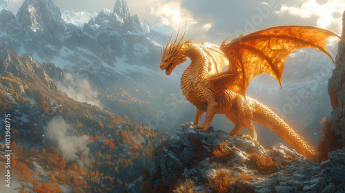 radiant gold dragon perched on a mountain cliff during sunset with autumnal colors below and snow capped peaks in the distance under a soft golden sky