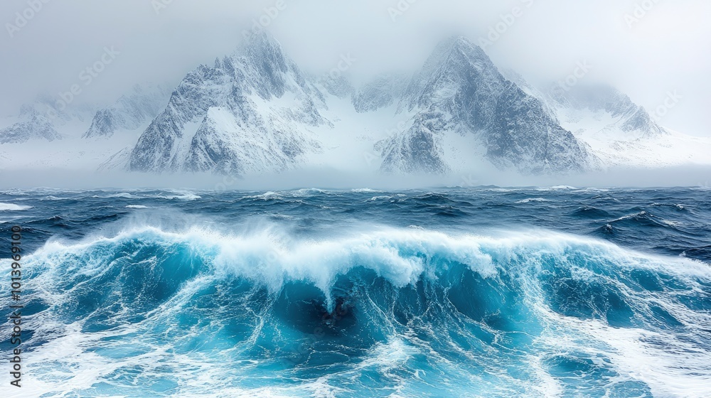 Dramatic Waves Crashing Against Snowy Mountains Dramatic Waves Crashing Against Snowy Mountains