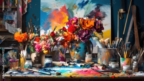 A vibrant artist's studio comes alive with a riot of colors from flowers, paints, and brushes, embodying creativity and passion.