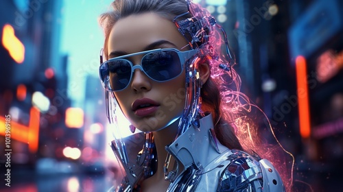 closeup of female robot with chrome skin and helmet