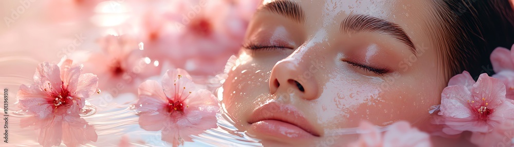 Fototapeta premium A serene moment of relaxation as a person enjoys a peaceful bath among soft pink flowers, embodying tranquility and beauty.