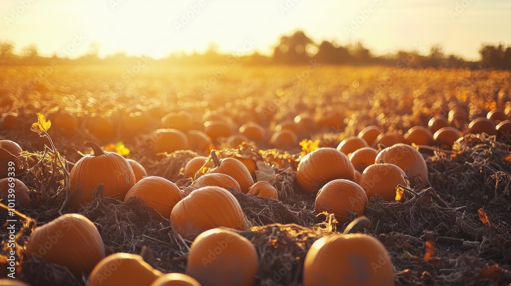 Obraz premium pumpkin patch during harvest season,, with a golden sunset, autumn mood