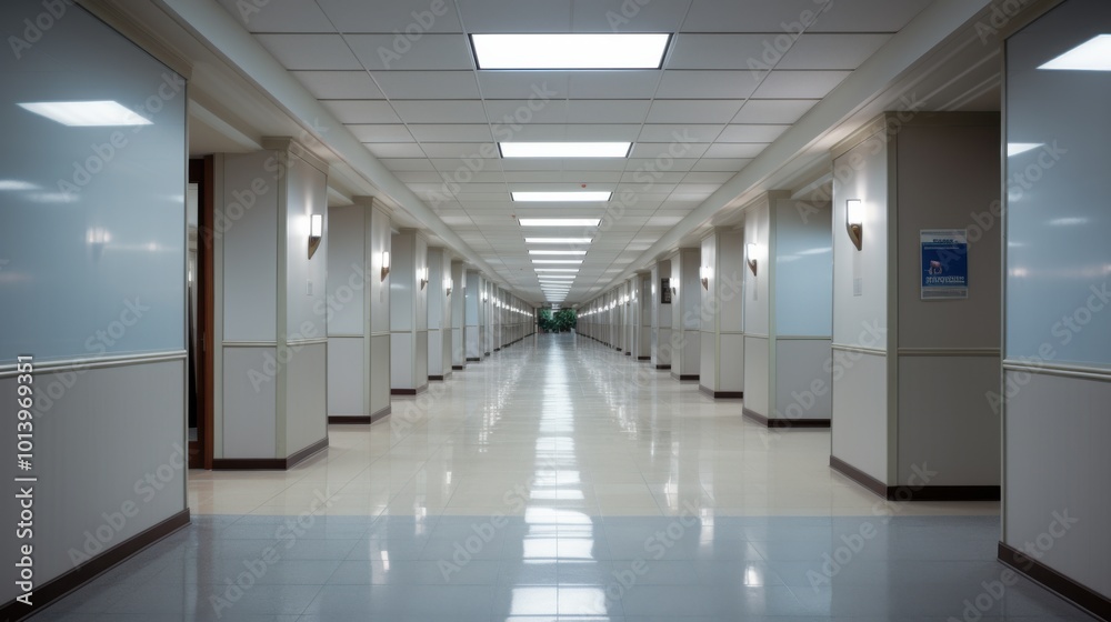 A clean corridor with reflective flooring and abundant light, extending into a distant vanishing point. A clean corridor with reflective flooring and abundant light, extending into a distant vanishing point.