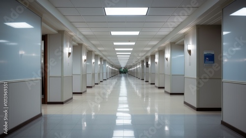 A clean corridor with reflective flooring and abundant light, extending into a distant vanishing point.