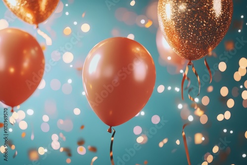 Shiny golden confetti falling down with balloons on background