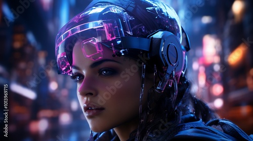 closeup of female robot with chrome skin and helmet