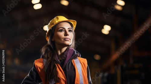 A determined woman in a hard hat and safety vest stands confidently in an industrial setting.