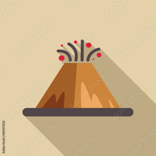 Minimalist vector illustration of a volcano erupting, isolated on a plain background with a long shadow