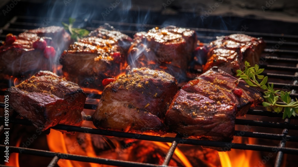 Juicy steaks sizzling on a grill are topped with herbs and spices, creating a mouthwatering blend of aroma and flavor over glowing embers.