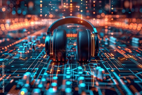 A pair of headphones is placed on a computer circuit board,generative ai image