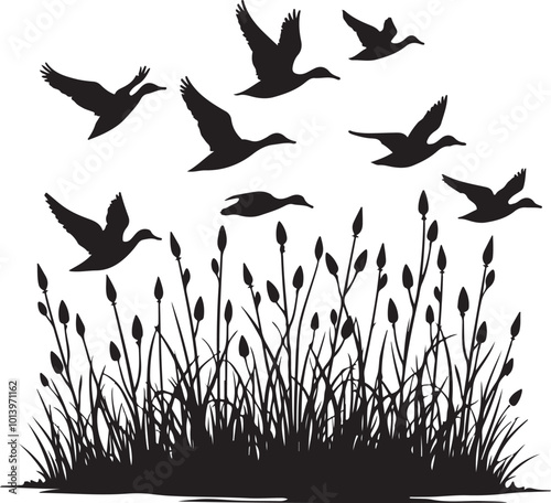 duck bird flock flight over marsh herbs, vector silhouette, isolated on white background 