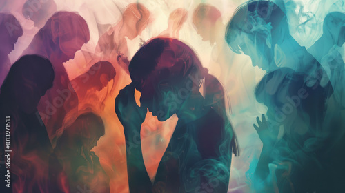 A visual of people processing grief and sadness, surrounded by support systems and personal reflection.