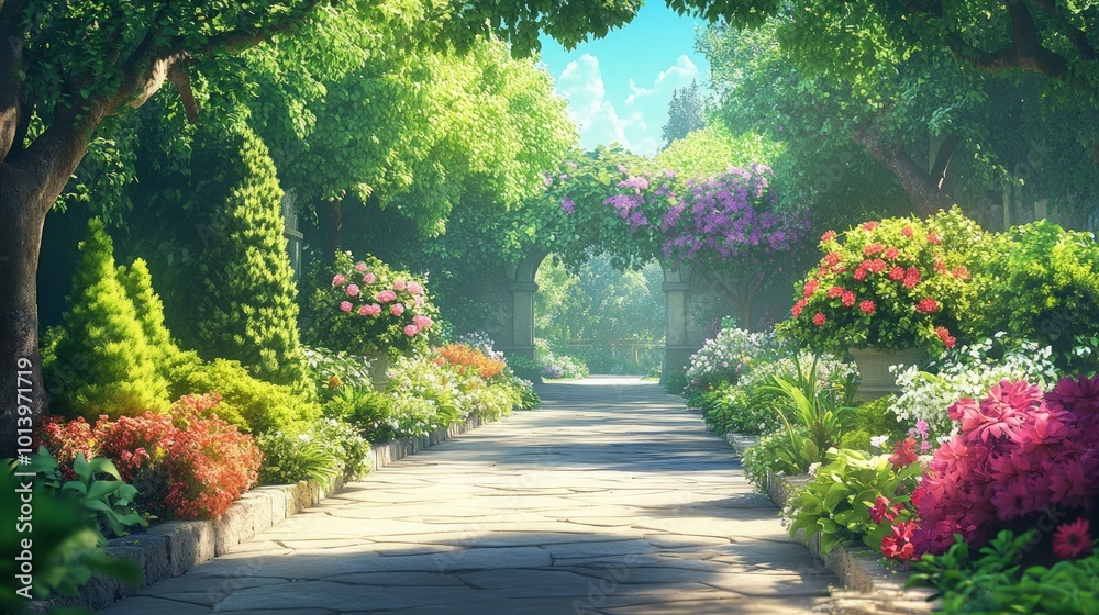 Fototapeta premium A picturesque pathway through a lush garden, lined with vibrant flowers and blooming trees. The sun shines through the foliage, casting a warm glow on the scene.