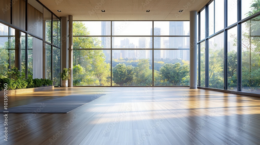 Fototapeta premium A modern yoga studio with floor-to-ceiling windows, minimalist design, and sustainable bamboo flooring