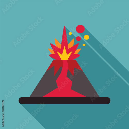 Minimalist vector illustration of an erupting volcano, with lava, smoke and ash