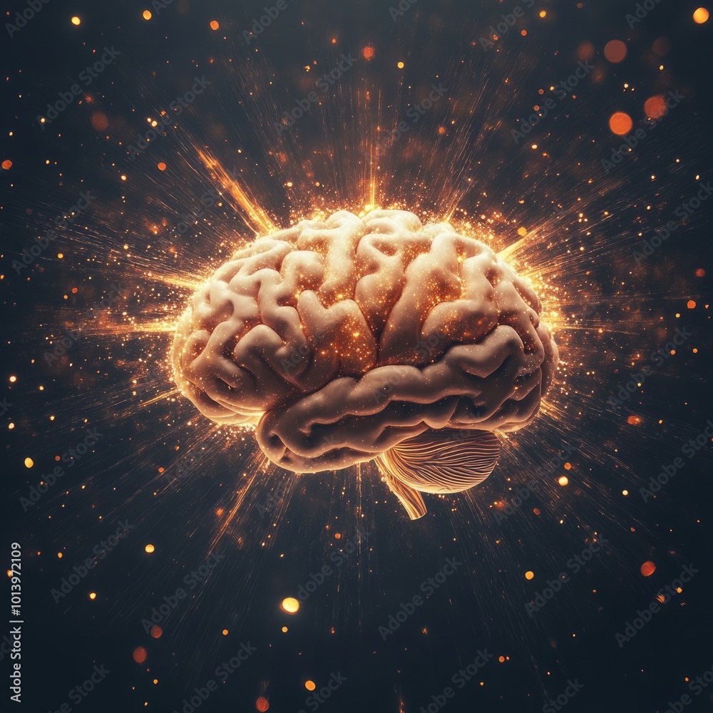 A human brain with delicate light rays