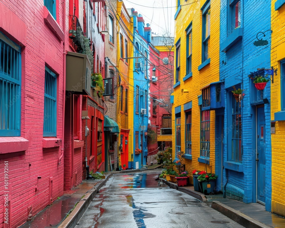 Fototapeta premium Foreign language learning with vibrant scenes, educational and enriching, Urban, Bright hues, Photograph, Linguistic exploration