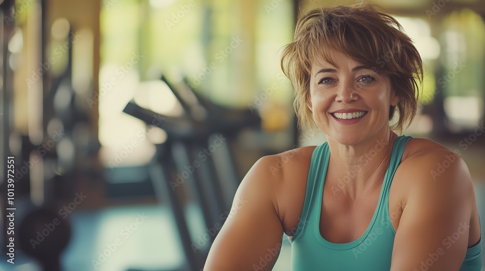 Middle-aged woman working out at the gym, highlighting fitness and health in an active exercise routine Middle-aged woman working out at the gym, highlighting fitness and health in an active exercise routine