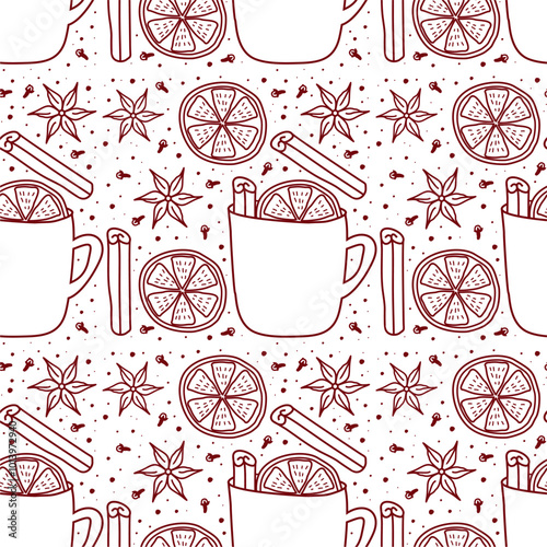 Seamless vector illustration print with ingredients for making mulled wine holiday autumn winter mood wallpaper Christmas background 