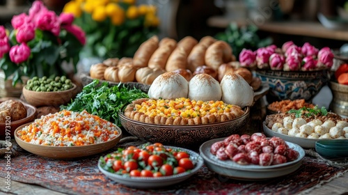 Abundant Festive Table Setting with Traditional Dishes and Flowers