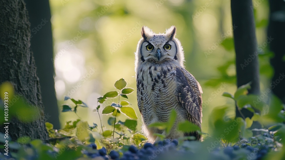 Young eurasian eagle-owl in blueberry patch inside forest on sunny day Young eurasian eagle-owl in blueberry patch inside forest on sunny day