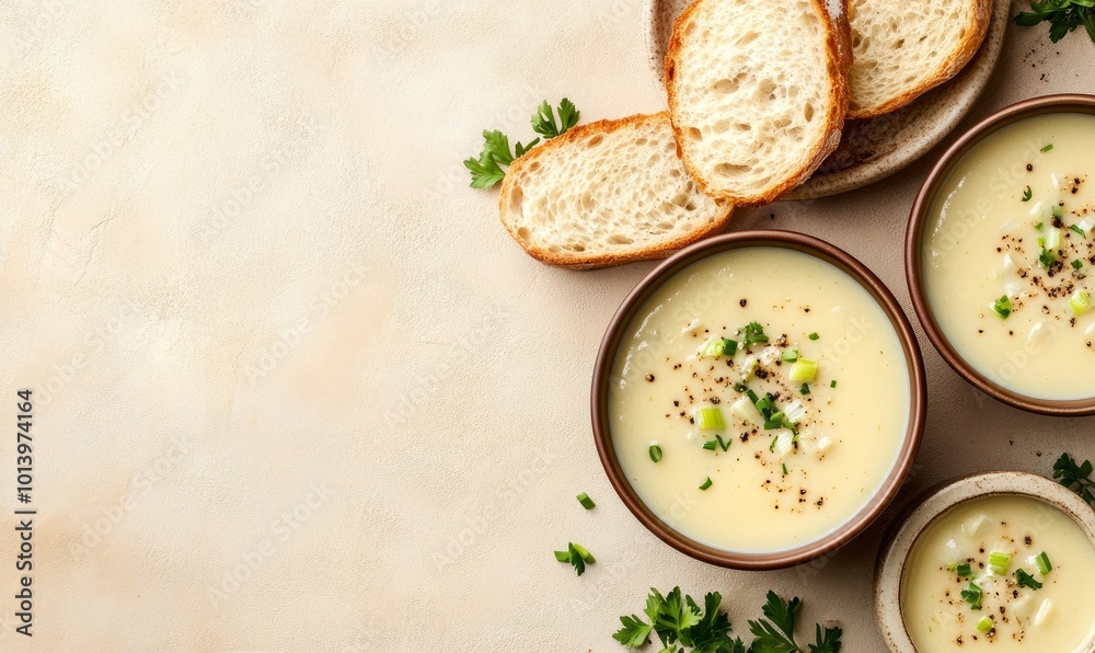 Bowls of potato leek soup and bread on beige background from above Bowls of potato leek soup and bread on beige background from above